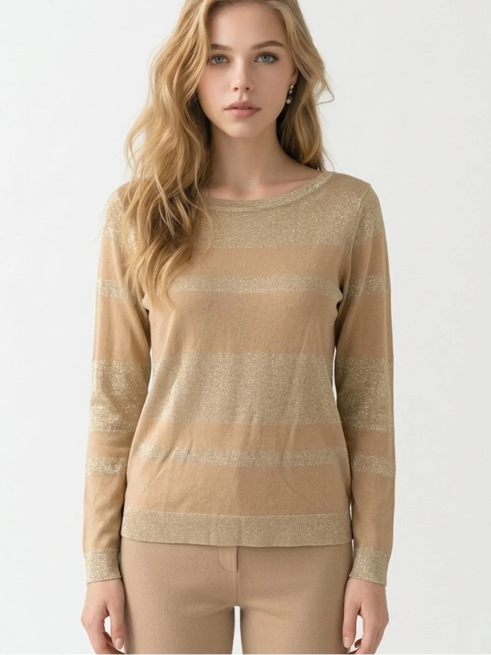 Jones New York signature gold stripe long sleeve scoop neck sweater size‎ M